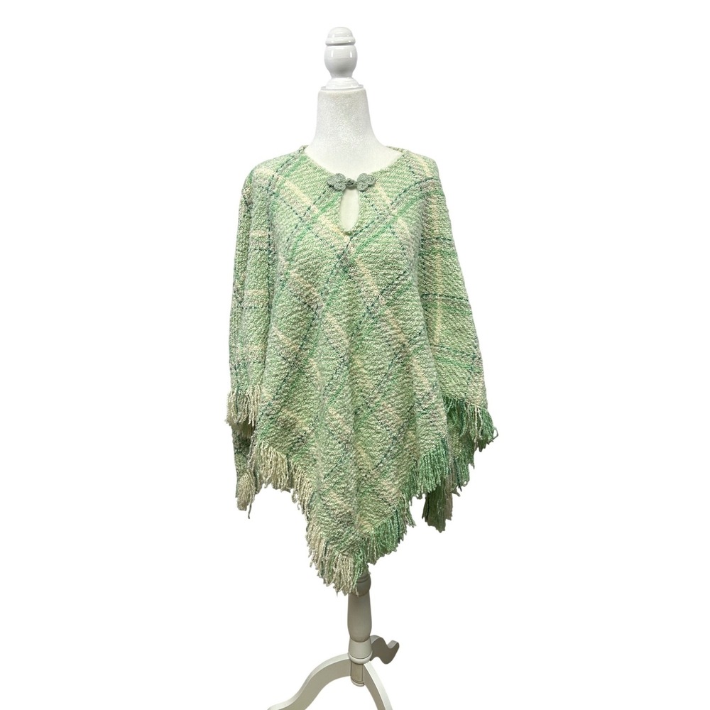 Cottagecore Boyne Valley Weavers Womens OS Green Plaid Wool Alpaca Fringe Poncho
